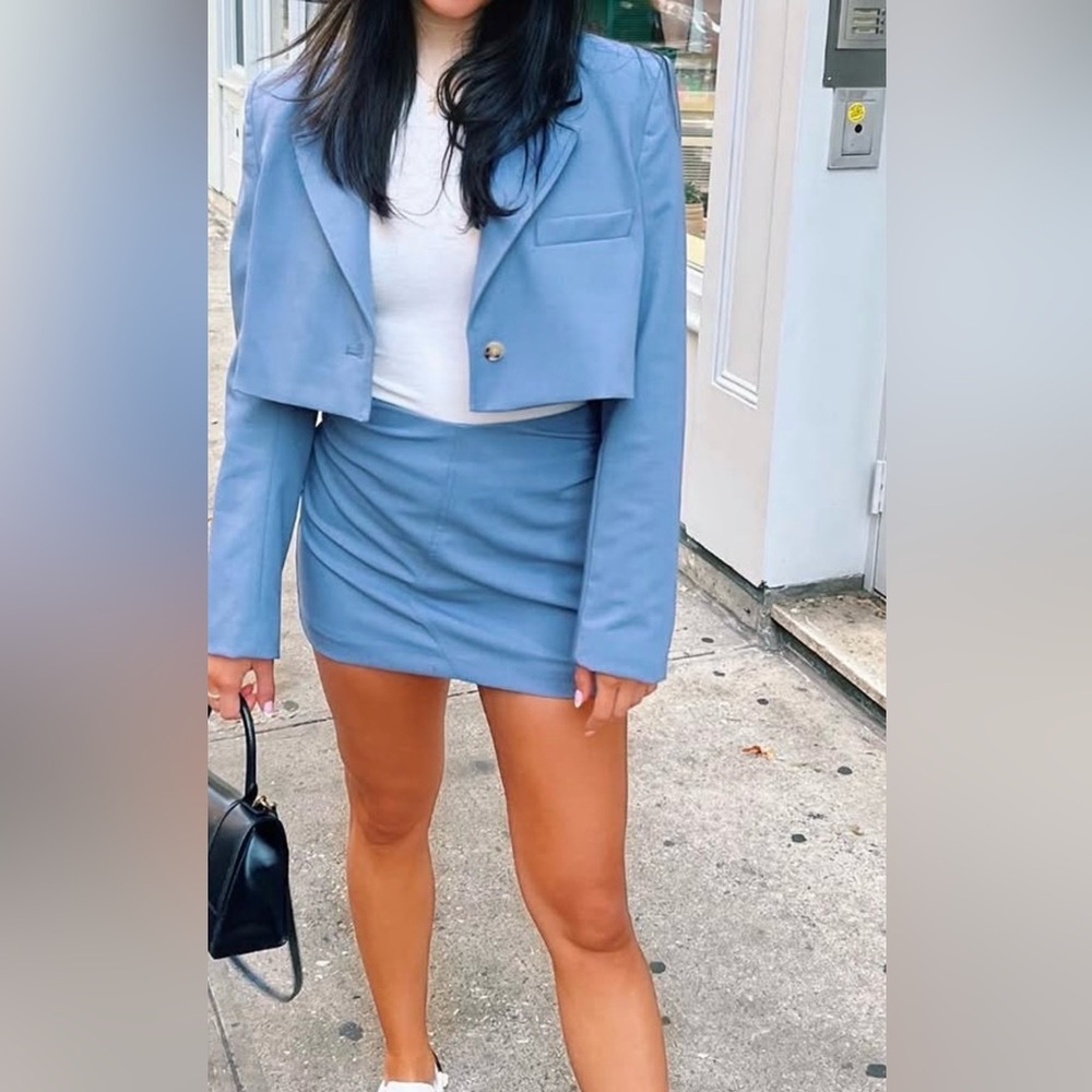 Blue Blazer and Mini Skirt - Women's Tailored Ruched Skirt and Blazer